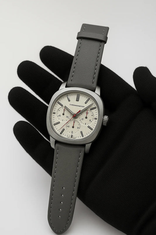 Time Worth Chronograph Style Watch With Grey Leather Straps