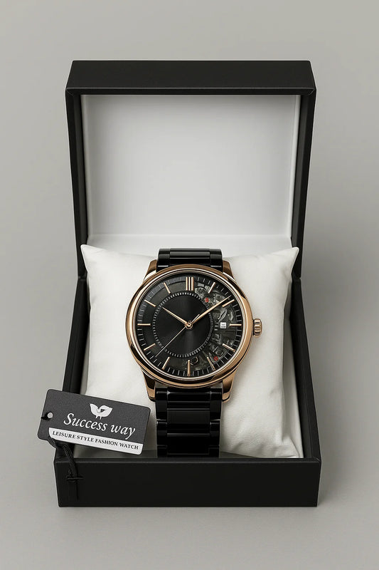 Success Way Black Watch For Men Partial Skeleton Design