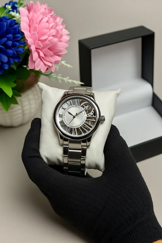 Success Way Silver Watch For Men Partial Skeleton Design