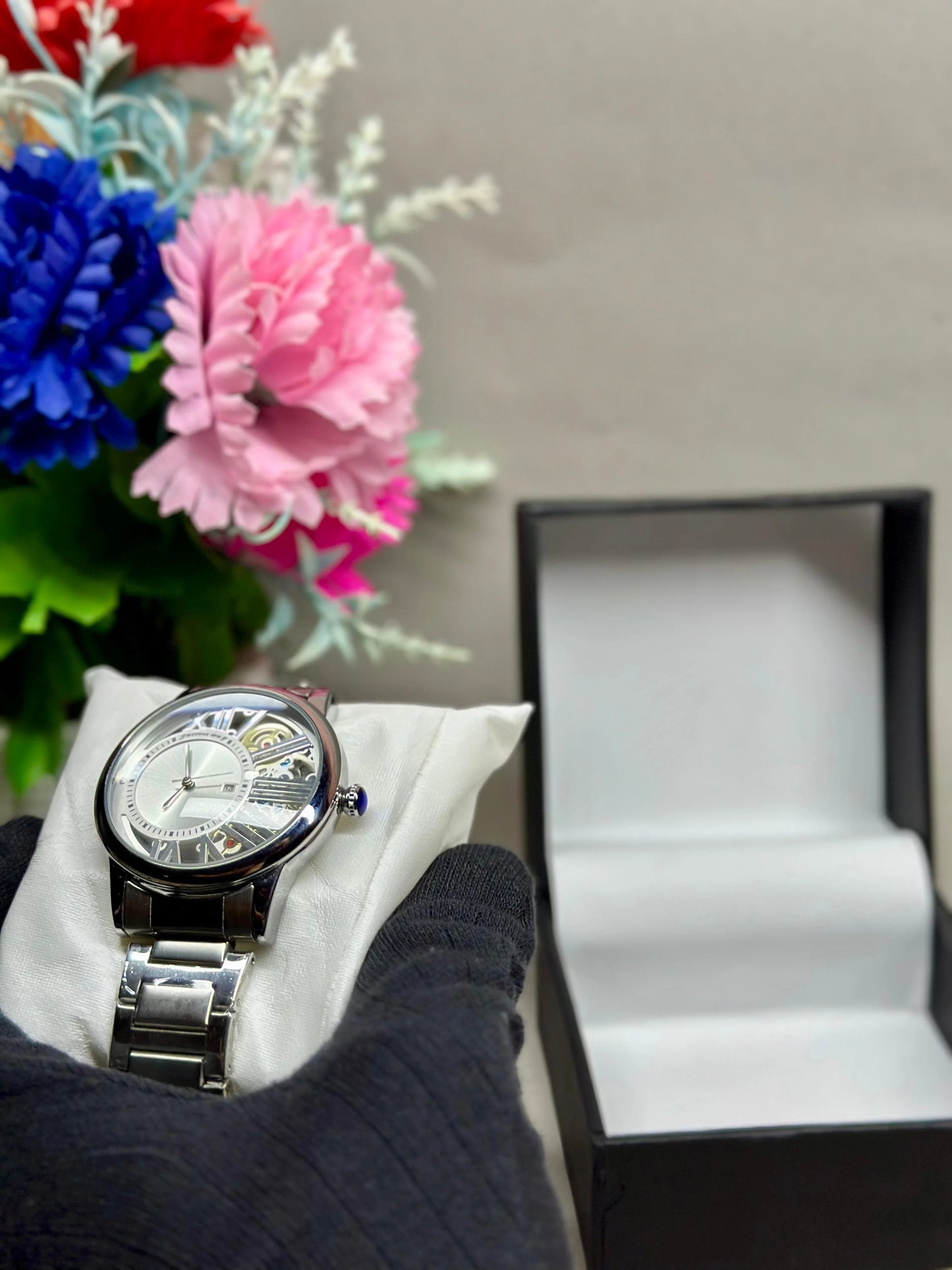 Success Way Silver Watch For Men Partial Skeleton Design