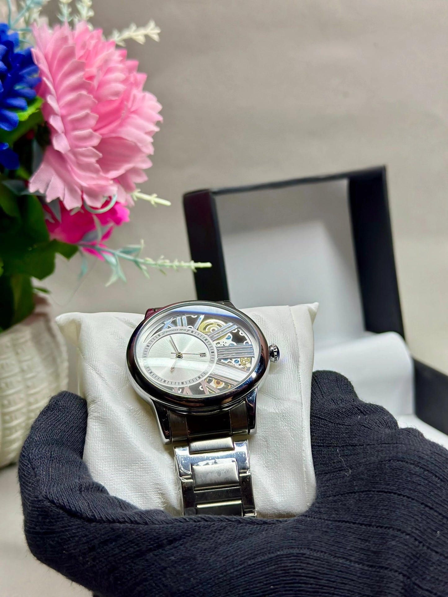 Success Way Silver Watch For Men Partial Skeleton Design