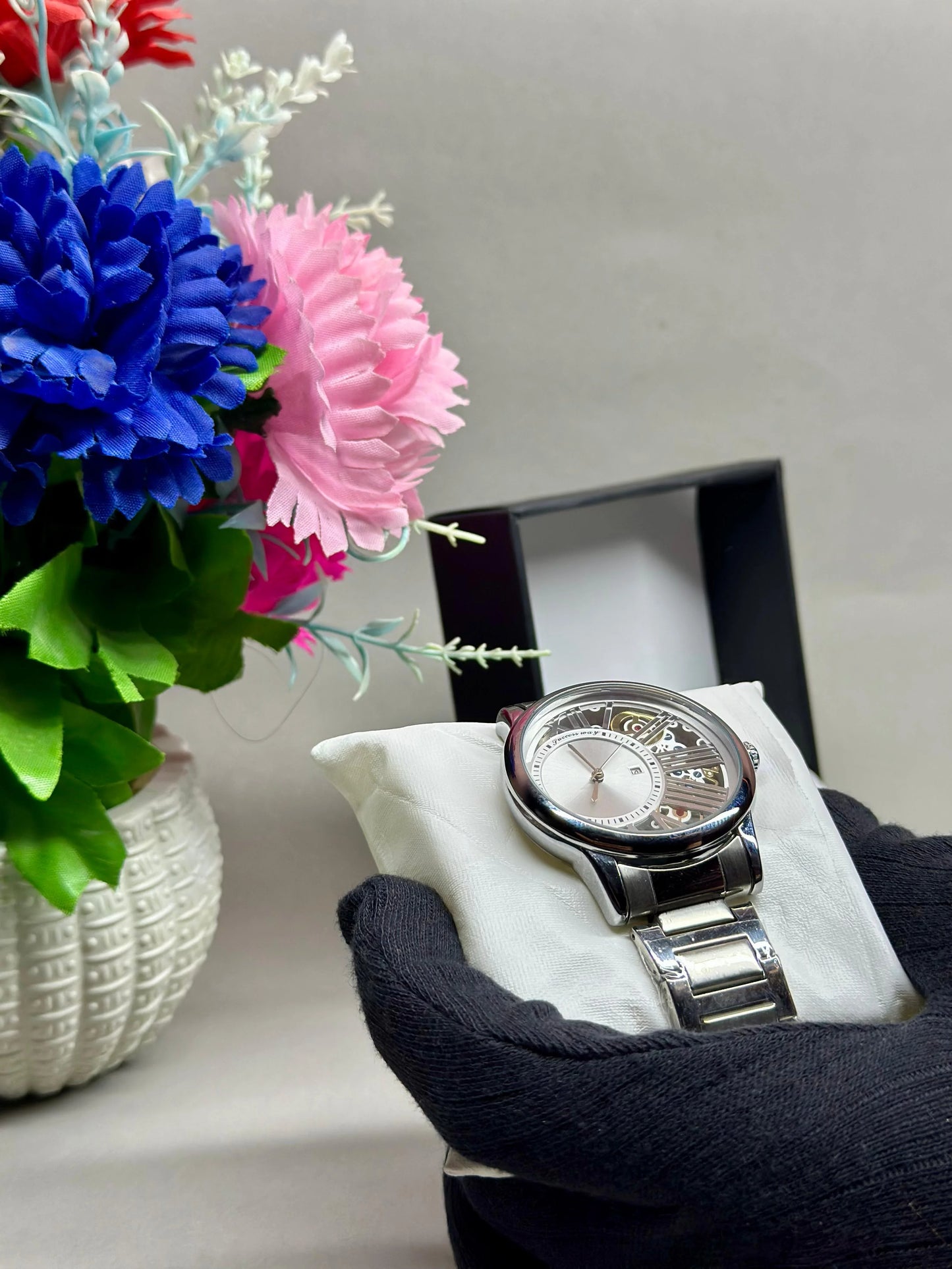 Success Way Silver Watch For Men Partial Skeleton Design