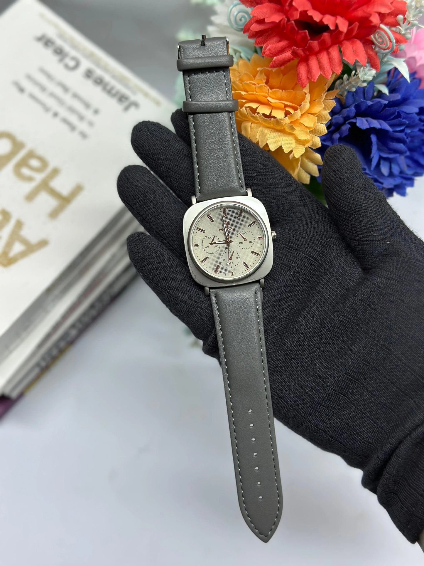 Time Worth Chronograph Style Watch With Grey Leather Straps