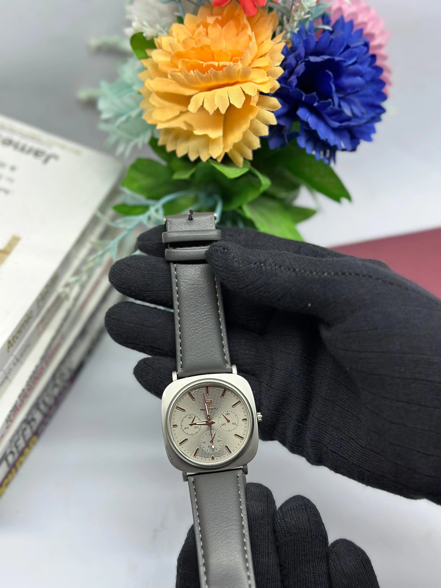 Time Worth Chronograph Style Watch With Grey Leather Straps