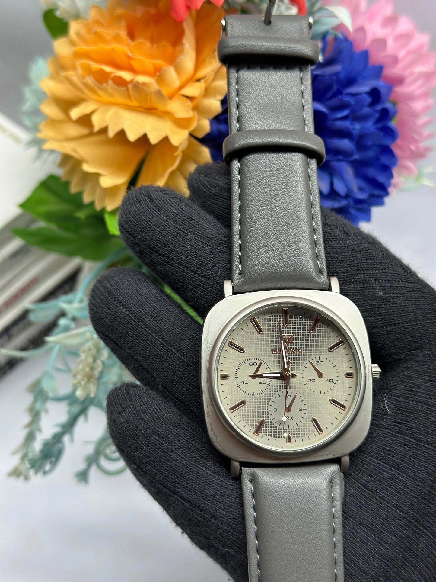 Time Worth Chronograph Style Watch With Grey Leather Straps