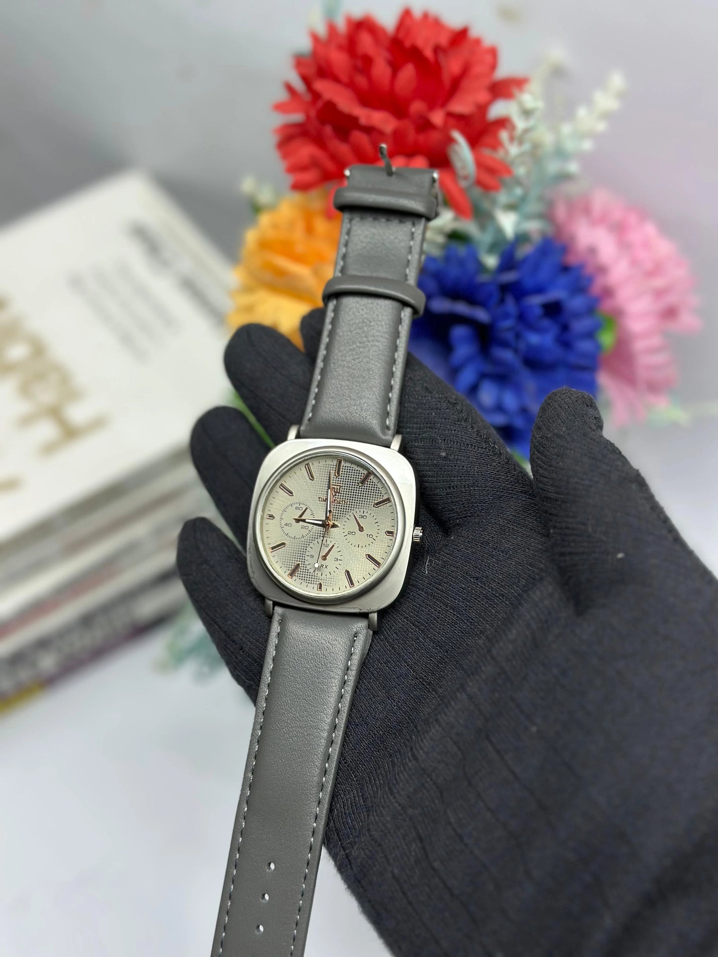 Time Worth Chronograph Style Watch With Grey Leather Straps