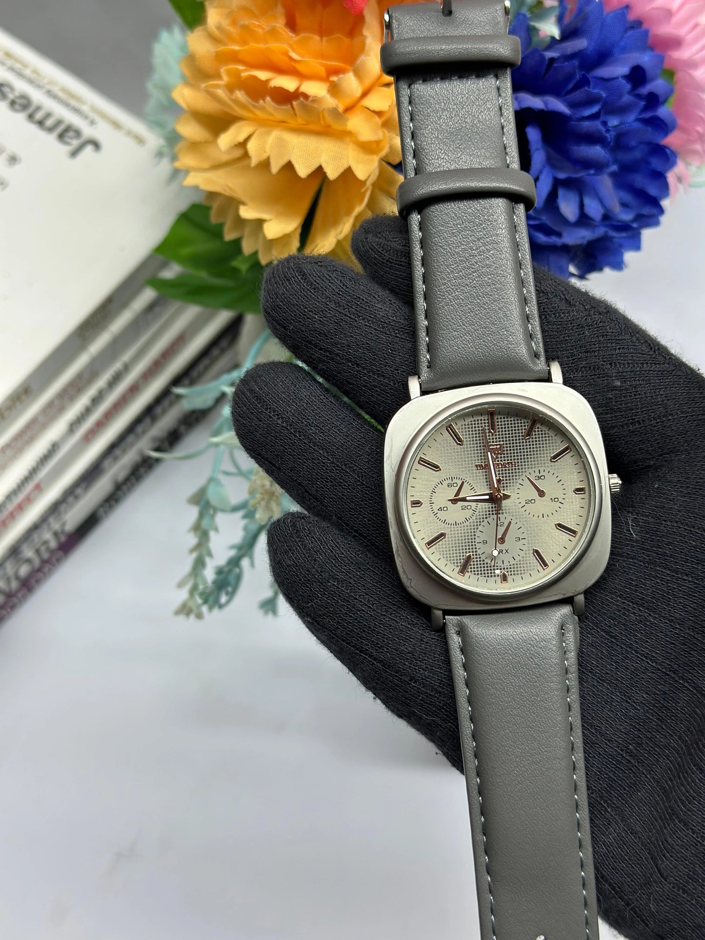 Time Worth Chronograph Style Watch With Grey Leather Straps